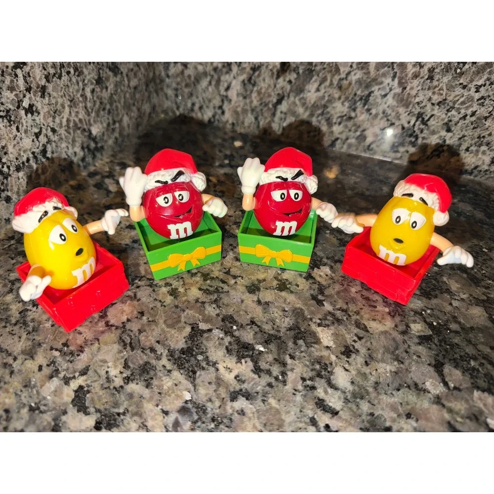 M&M's Christmas Holiday Figurines Red and Yellow Santa Hat Gift Box Set of 4